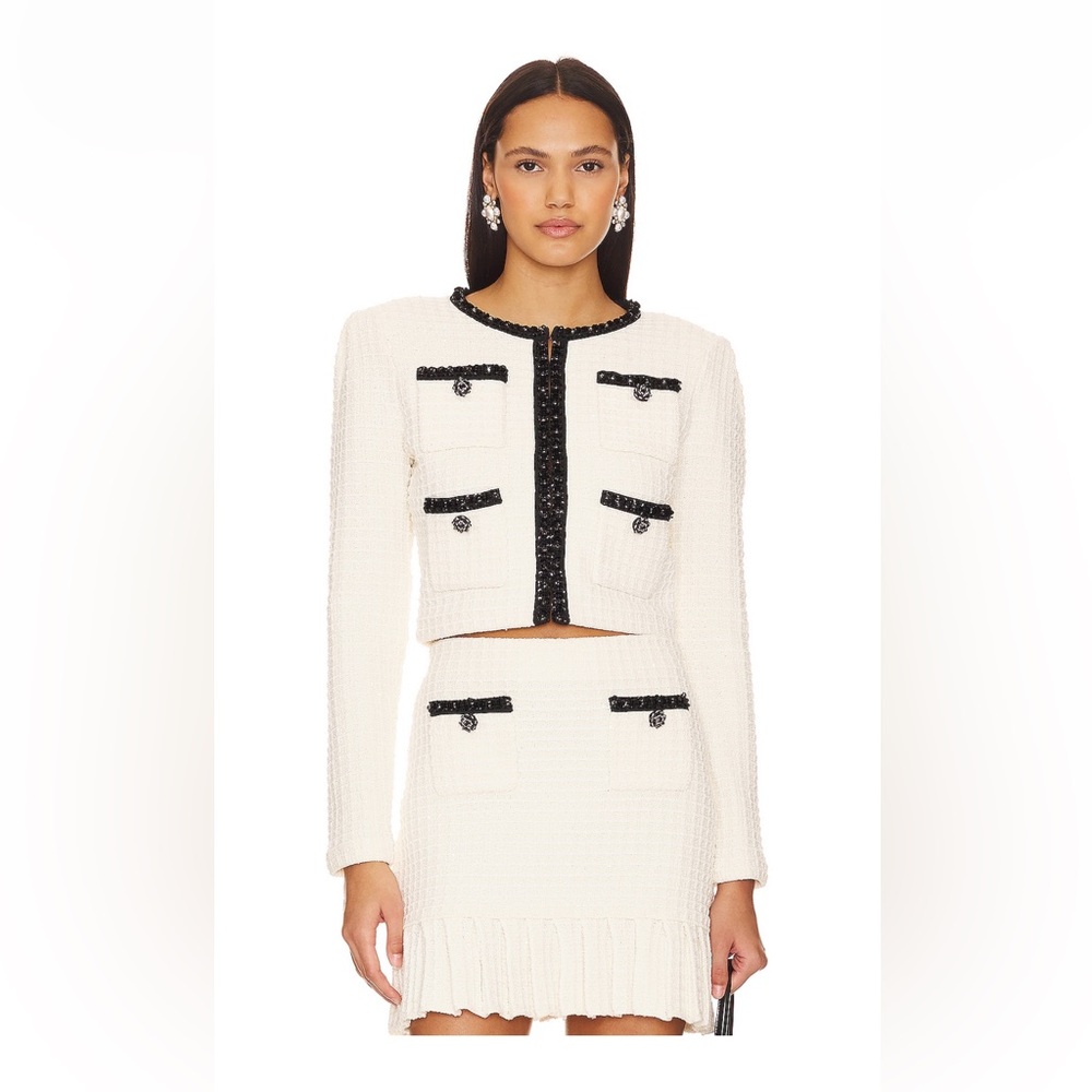 Self-Portrait Cream Sequin Knitted Crop Cardigan.